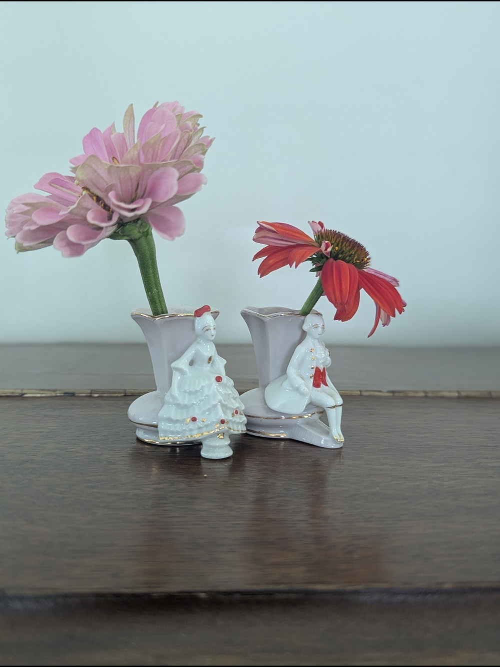 Porcelain Courting Couple Miniature Bud Vases - Set of 2 Pink Gold Trim